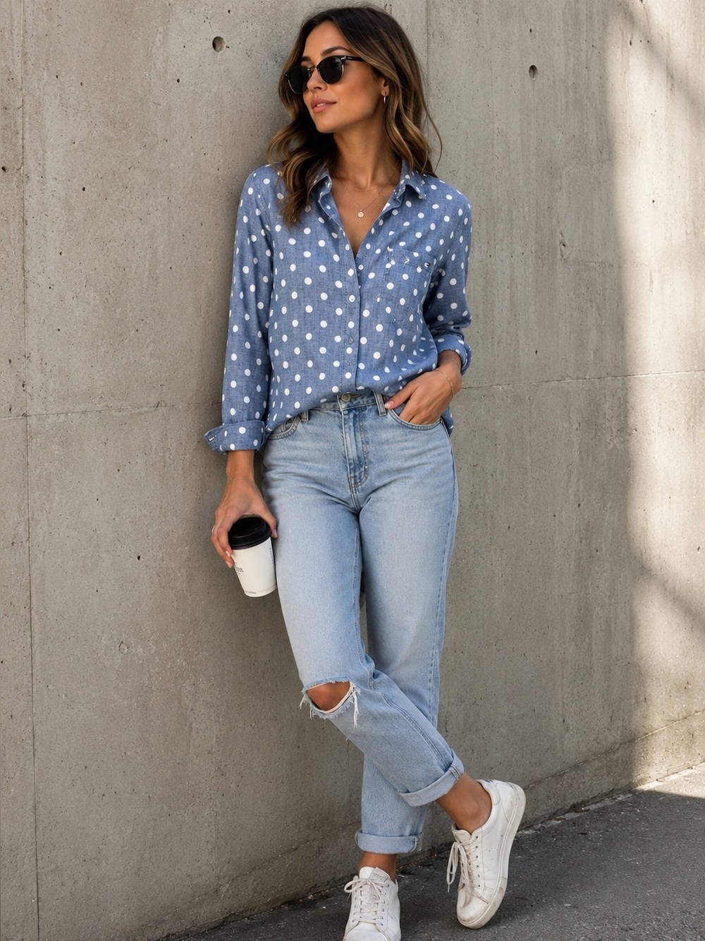 Tommy Hilfiger Polka Dot Chambray Button-Up Shirt | Women’s Small | Blue & White
